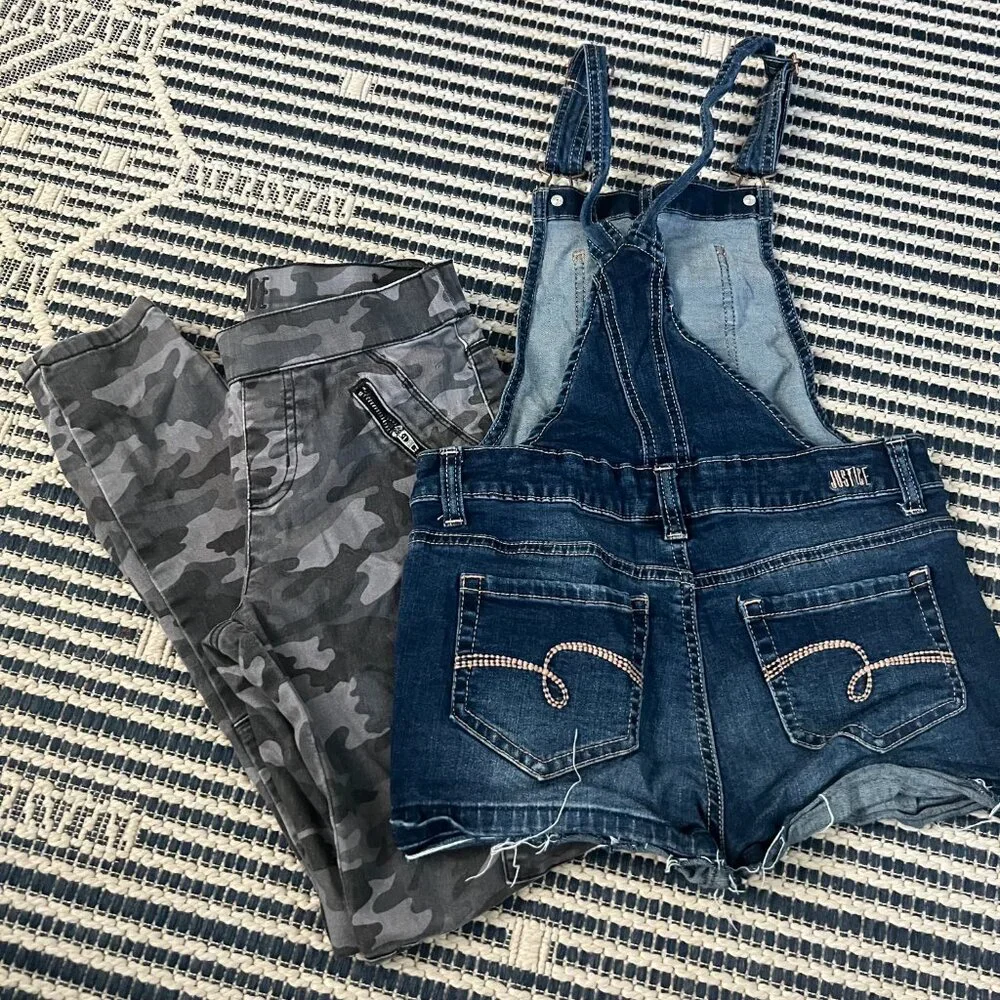 Justice Girls Size 12 Camo Jeans & Blue Overall Shorts